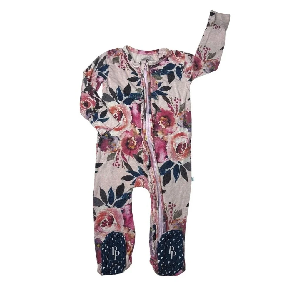 Posh Peanut‎ Bamboo Chelsea Footie 12-18 months Pink Ruffled Bottom Floral